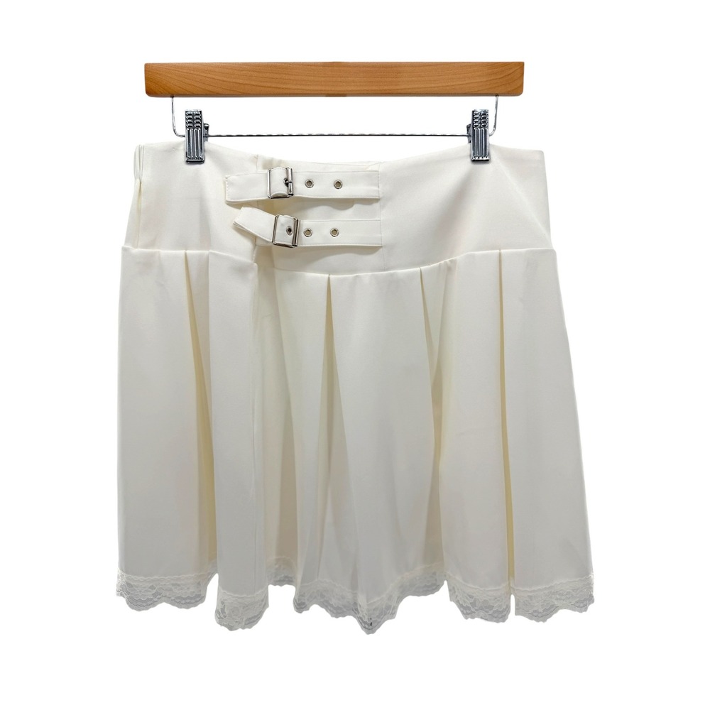 Scarlet‎ Darkness White Pleated Mini Skirt Double Buckle Lace Trim Womens XL